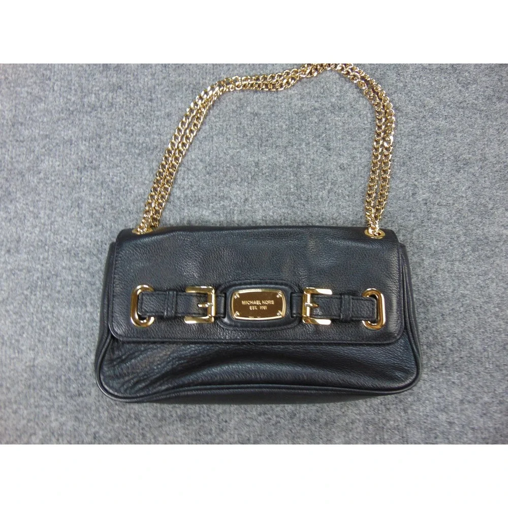 Michael Kors Bedford Black Leather‎ Gold Chain Strap Flap Clutch Crossbody Bag
